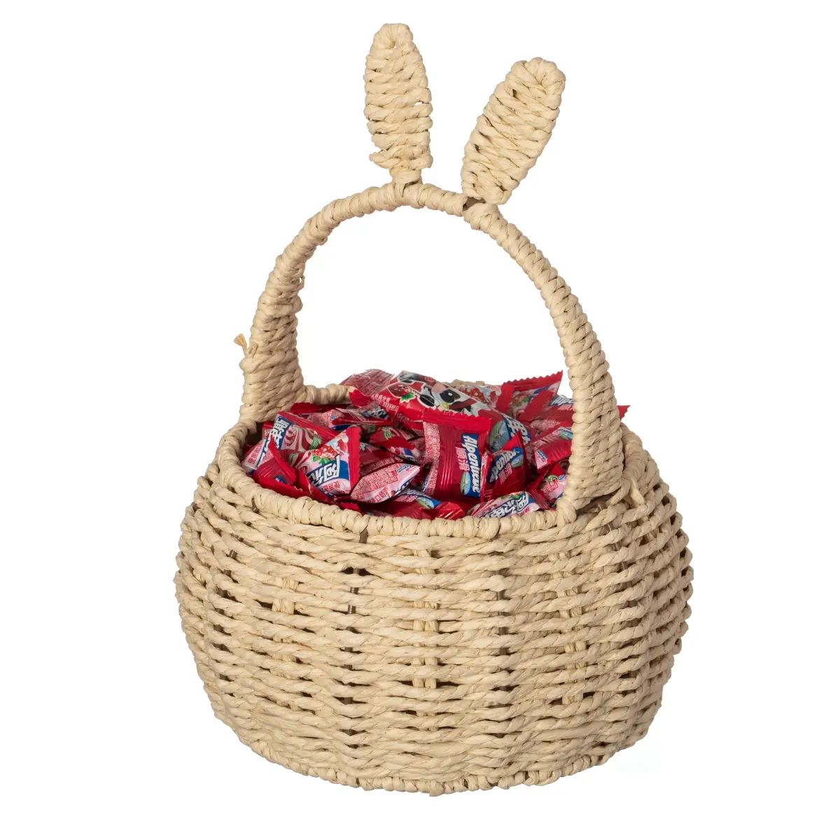 Hand-Woven Bunny Ear Paper Rope Wicker Basket with 360 Stand & Handle - 7x7x11.5" (7'w x 7'l x 11.5'h) Lightweight Home Storage Organizer, Room Decor, Party Favor for Flower Display, Kitchen Use, Easter Gift, Wall Storage