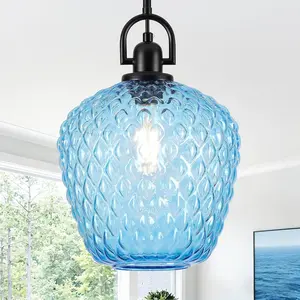 Large Glass Pendant Lights Kitchen Island, 10" 1-Light Black Fixtures with Blue Hammered Glass Modern Hanging Light for Kitchen Island Dining Room Entryway Foyer