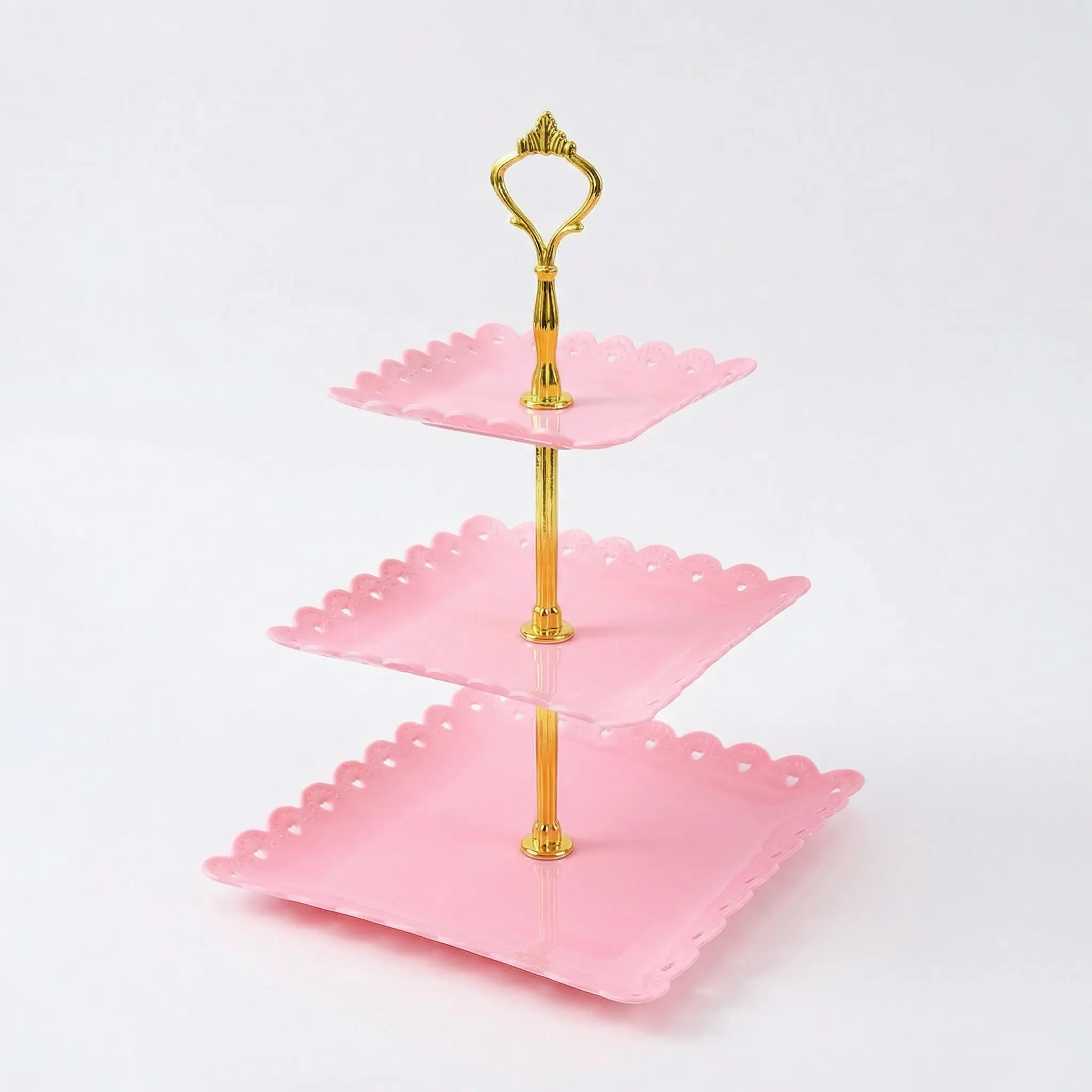 sebastian CADIA, 3 Tier Plastic Tiered Serving Stand, Elegant Pink Three-Tiered Serving Tray with Gold Handle for Tea and Desserts