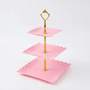 3 Tier Plastic Tiered Serving Stand, Elegant Pink Three-Tiered Serving Tray with Gold Handle for Tea and Desserts outdoorfun