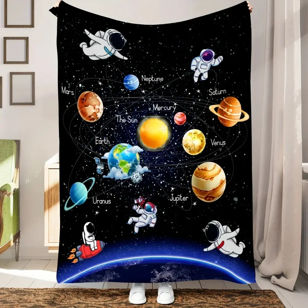 Astronaut Planet Print Blanket Warm Comfortable Flannel Blanket   Soft Funny Throw Blanket Cozy Lightweight Plush Portable Cover Blanket For Sofa,Warm Gift For Birthday,Christmas,Multiple Blanket