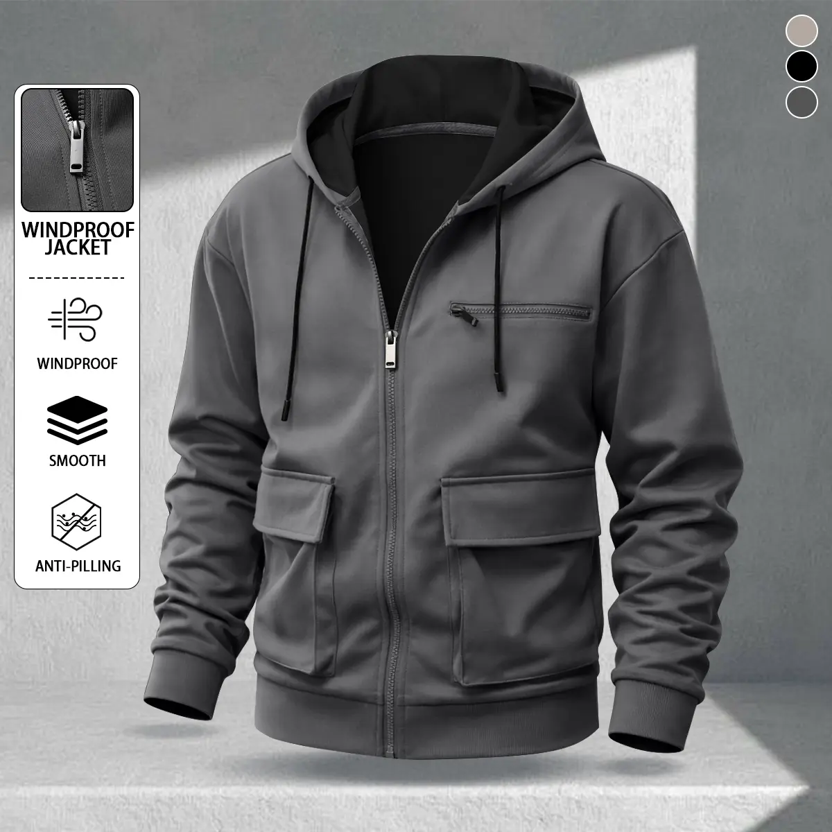 Men's casual hoodie sweatshirt, suitable for daily commuting and light outdoor exploration wear, featuring a front zipper pocket with a large-capacity workwear pocket design, stylish and trendy versatility, suitable for spring and summer wear. Long Sleeve
