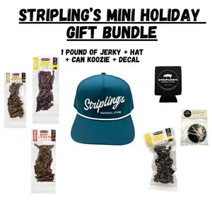 Stripling's Mini Holiday Gift Bundle - Blue Tech Golf Hat - Hickory/Peppered/Jalapeno\Honey BBQ Beef Jerky & Chipotle Teriyaki Pork Jerky - Family Owned Premium Snack Packs - Made in the USA - 8-