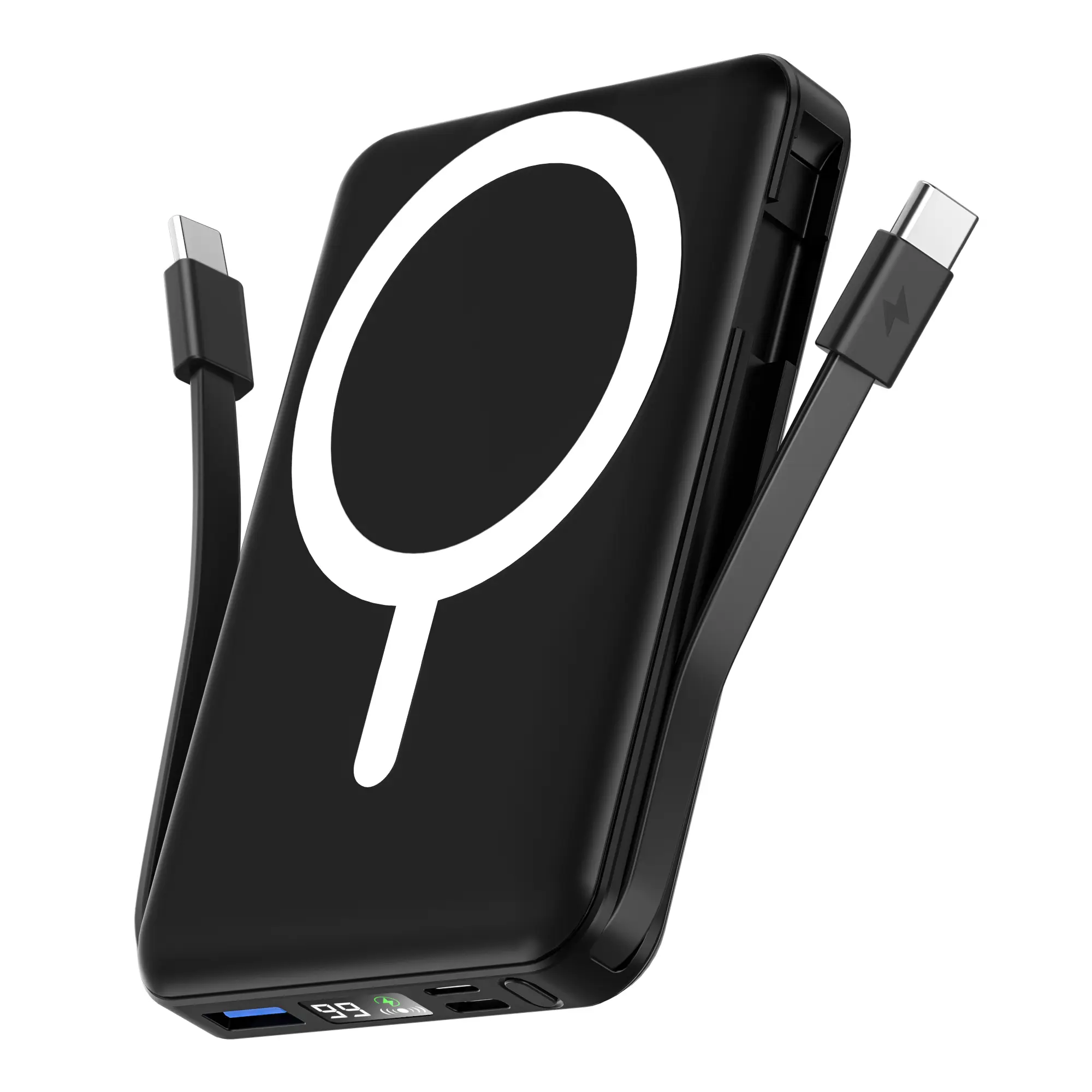 Podoru 10000mAh Magnetic MagSafe Battery Power Bank - Compact Silicone Wireless Fast Charging EDC Gear, LED Display, Dual USB-C Cables, USB Output, for iPhone 15/16/17 Series, Lightweight Black Everyday Carry Smartphone Accessory