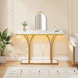 Yitahome LED Gold Console Table, Modern Sofa Table for Living Room, Hallway, White and Gold Entryway Table, with Faux Marble Top Luxury