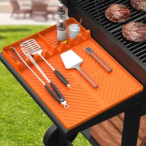 Silicone Grill Mat Compatible with Barbecue Grill, BBQ Griddle Tools Mat with Drip Pad, Spatula Mat for Outdoor Kitchen Counter, Gifts for Men (Orange & Grey), Keeps Counter Grease-Free, Perfect for BBQ, Camping & Backyard Cooking.kitchen gadgets