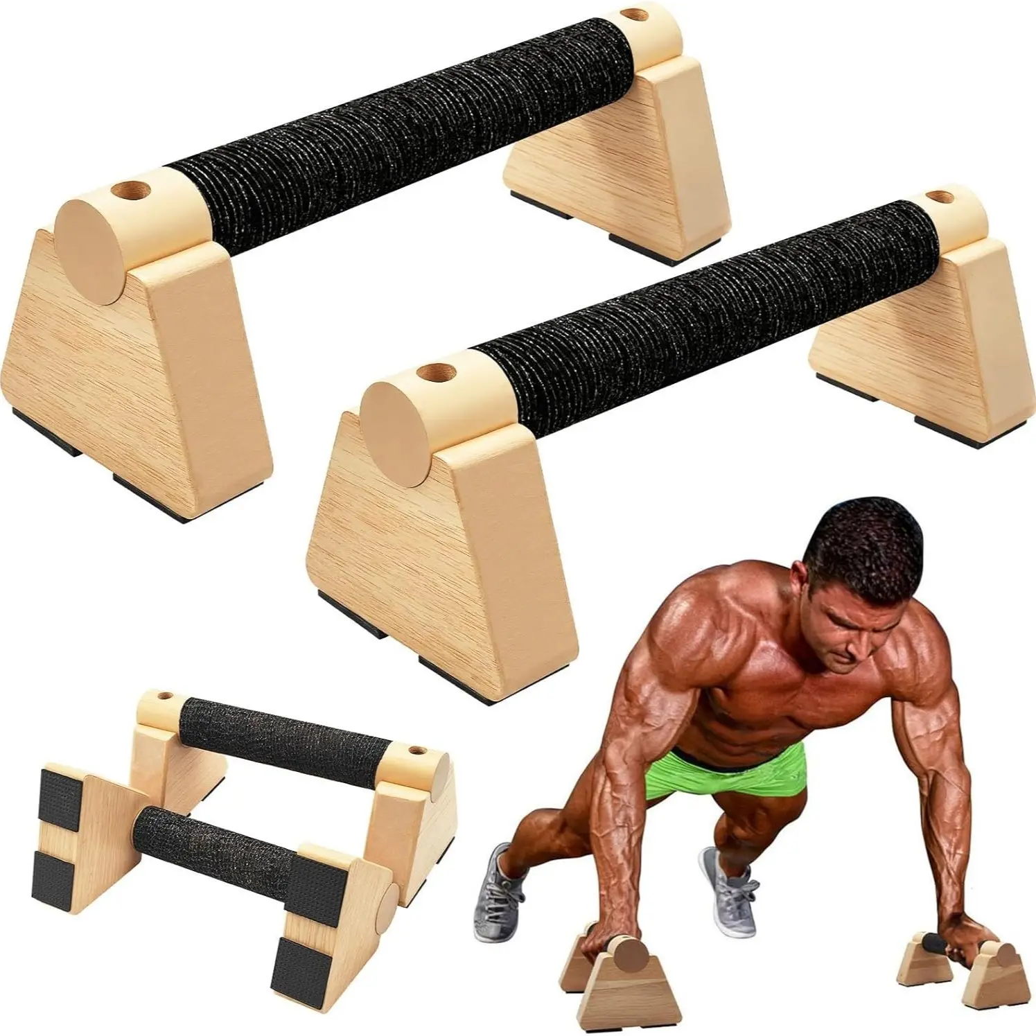Parallel Bar Push-Up Rack, Oak Material, Home Fitness Equipment, Non-Slip Base, Includes Inversion Trainer and Push-Up Handle, Ideal for Floor Exercises and Strength Training