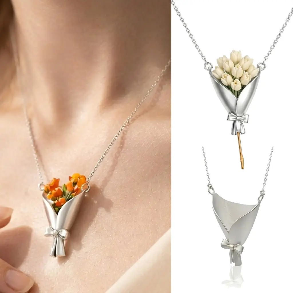DIY Flower Holder Necklace for Women Bloom Bouquet Pendant Necklace Earrings Set Floral Vase Necklaces Graduation Dress Gifts Prom Wedding Accessories Summer Daily Wear ﻿