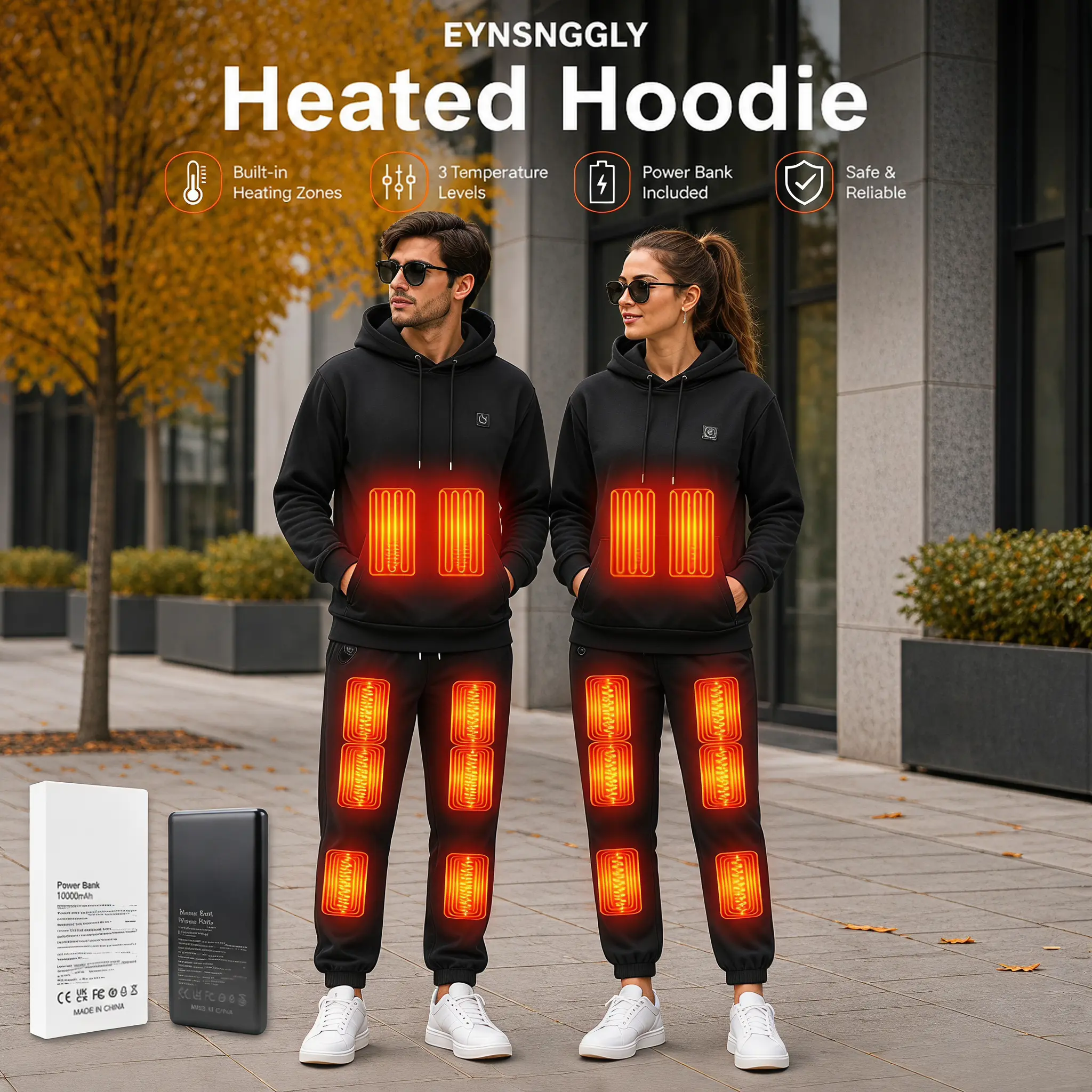 EYNSNGGLY Unisex Heated Sports Clothing Set, Hoodie & Pants with Rechargeable Battery Power Bank, 4-Hour Heating, Lightweight Men's Sports Sweat Suit for Outdoor Activities