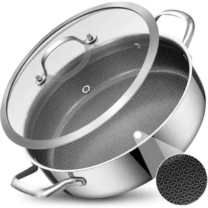 5 QT Hybrid Ceramic Non Stick Tri-Ply Stainless Steel Saute Pan with Lid,12 Inch  Cooker,PFOA & PFOS Free,Induction Cooking Pot, Dishwasher and Oven Safe