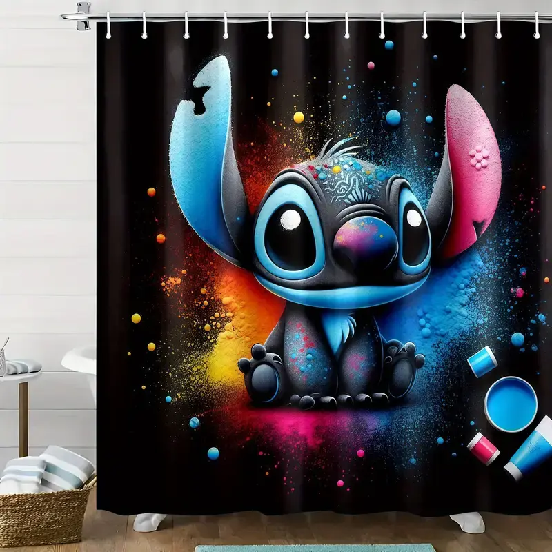 Disney Classic Stitch Bathroom Supplies Shower Curtain - Vibrant Galaxy Design, Colorful Splatter Details, Durable Polyester Fabric, Easy-to-Clean Home Bathroom Accessory, Shower Curtain Set