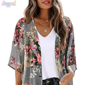 Anygoal Women's Floral Print Chiffon Kimono Cardigan, 3/4 Sleeve Sheer Open Front Beach Cover Up,Beach Cover Ups for Women  Lightweight Loose Fit Summer Blouse for Beach Trips, Pool Parties, Daily Wear and Vacation Outfits summervibes