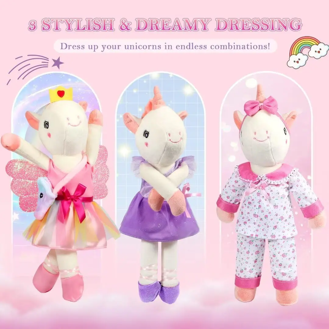 16-in Adorable Stuffed Unicorn Ballerina Doll for 3-6 Years Olds, 3 Outfits, Ballet Shoes, Plush Bag, Role Play Accessories, Girls' Birthday Gift (Toys & Hobbies, Stuffed Toys), Childhood Stuffed Animal, Cute Dolls, Dress Up Doll