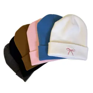 Embroidered Pink Bow Beanie Embroidery Trendy Hat Embroidery Cap
