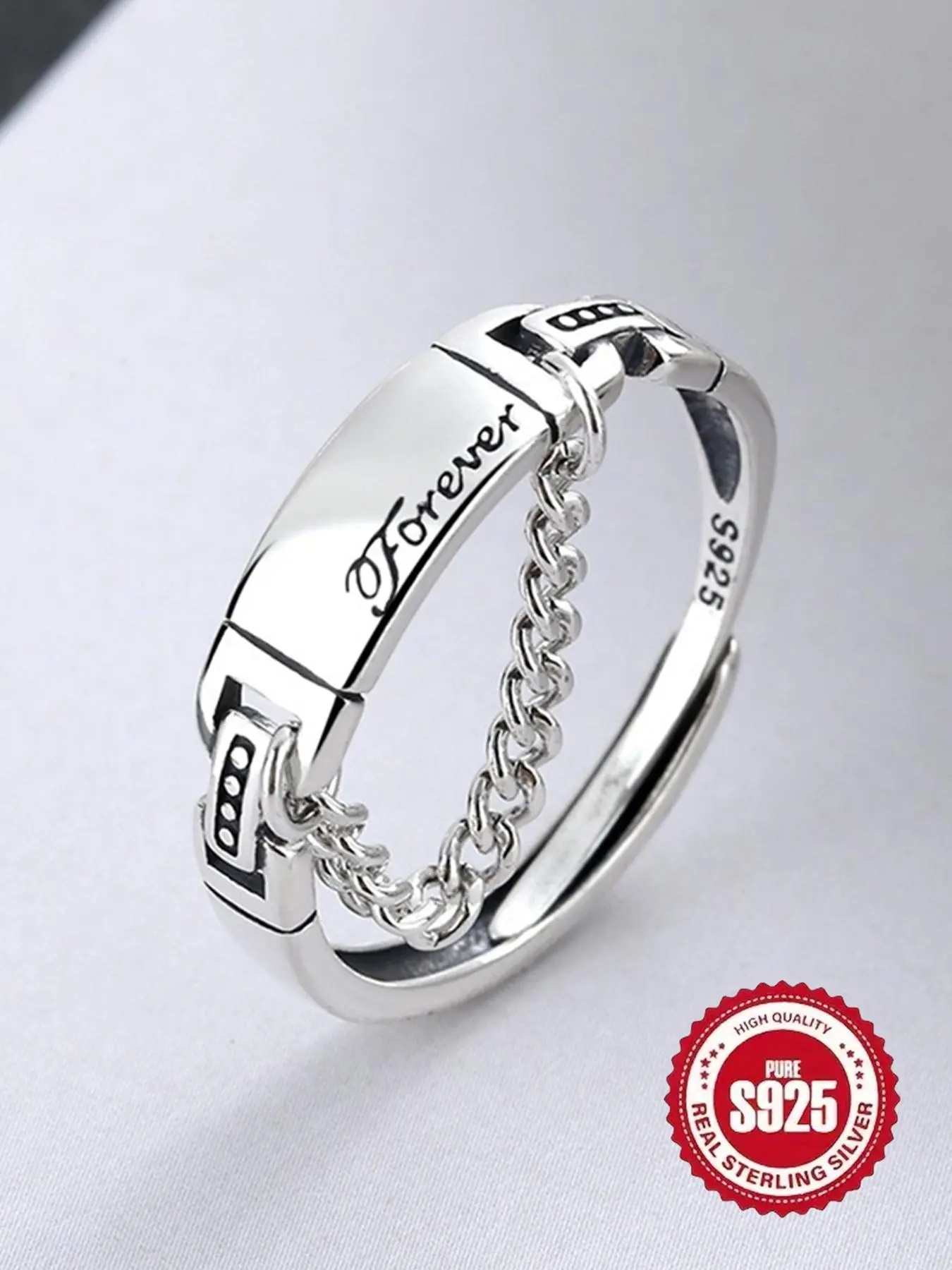 925 Sterling Silver Vintage Letter Design Engraved Ring, Alphabet Design Ring, Initial Rings, Adjustable Chain Design Ring for Women & Girls, Fashion Jewelry for Party, Daily Decor, Jewelry for Birthday Gift, Valentine's Day, Statement Ring