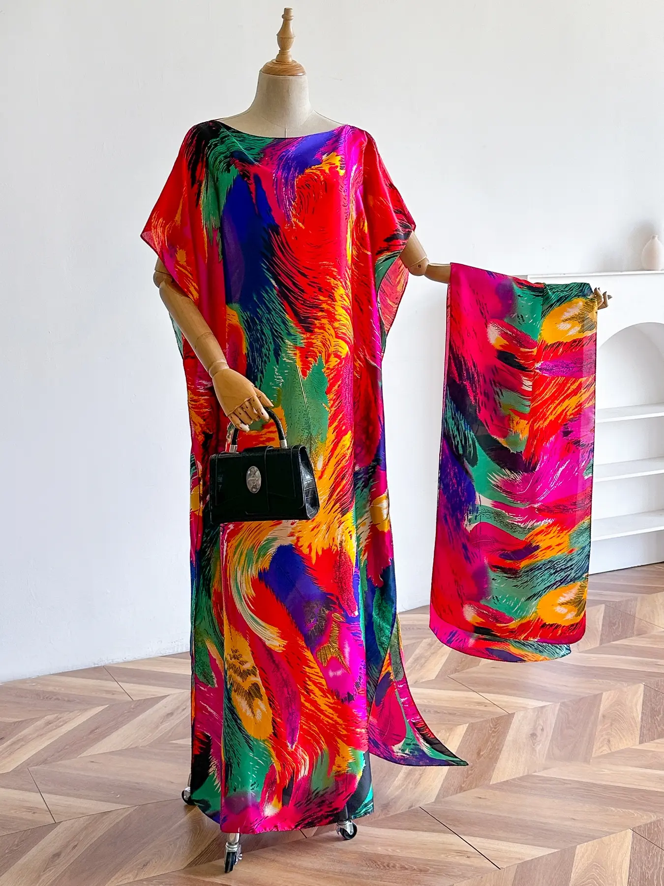 Elegant Silk Floral Print Dress Set, Long Robe & Scarf, Beach Cover-Up, Beachwear Cover Up, Sun Protection, All Seasons Wear, Women's Fashion, Swimwear Coverups, Swimsuit Coverups, Bathing Suit Coverup