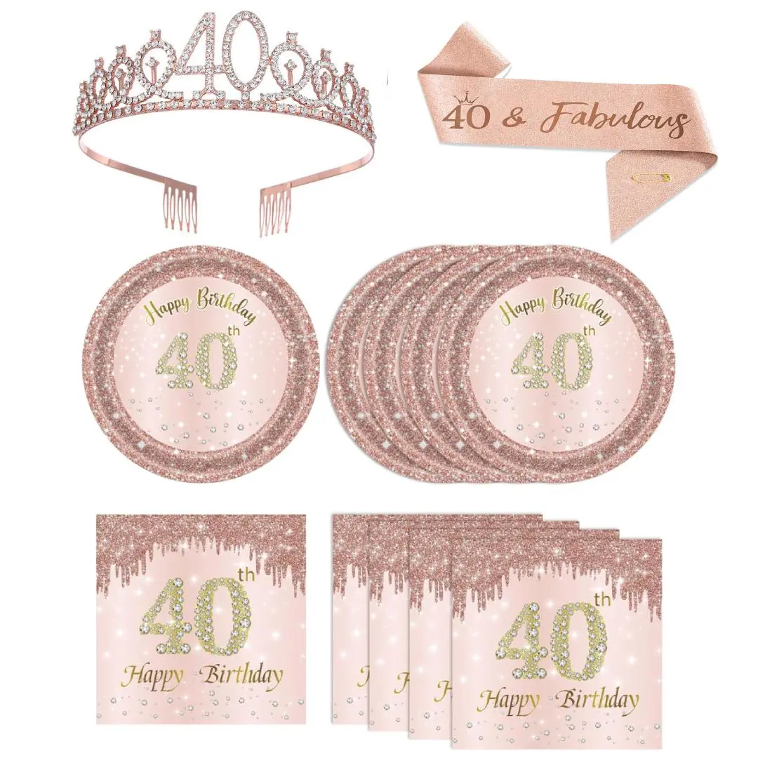 40Pcs 40th Birthday Decorations for Women 1986 Birthday Table Disposable Tableware Kit Rose Gold 40th Birthday Plates and Napkins / Birthday Crown + Sash for Women Forty Birthday Party Supplies - Home Improvement.
