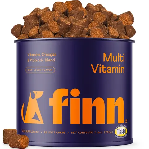 FINN All-in-1 Dog Multivitamin - Probiotics, Omega-3s, Glucosamine, Gut & Immune Health, Joint Support, Heart Health -  Canine Nutritional Supplement – NASC Approved & Certified – Beef Liver Flavor – 90 Soft Chews