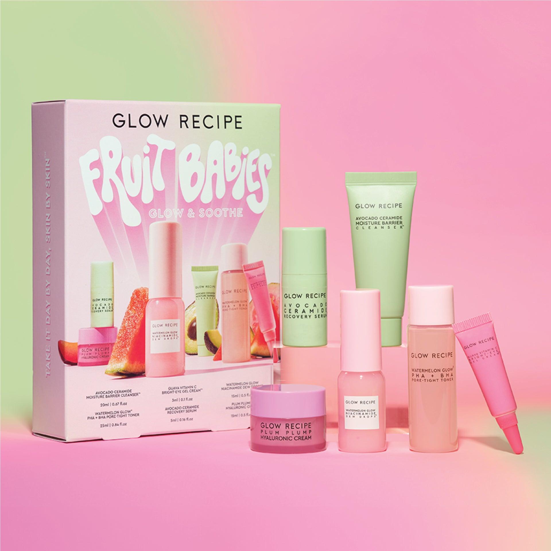 Glow Recipe Fruit Babies Glow & Soothe Kit, Watermelon Glow Dew Drops, Avocado Ceramide Cleanser, Plum Plump Hyaluronic