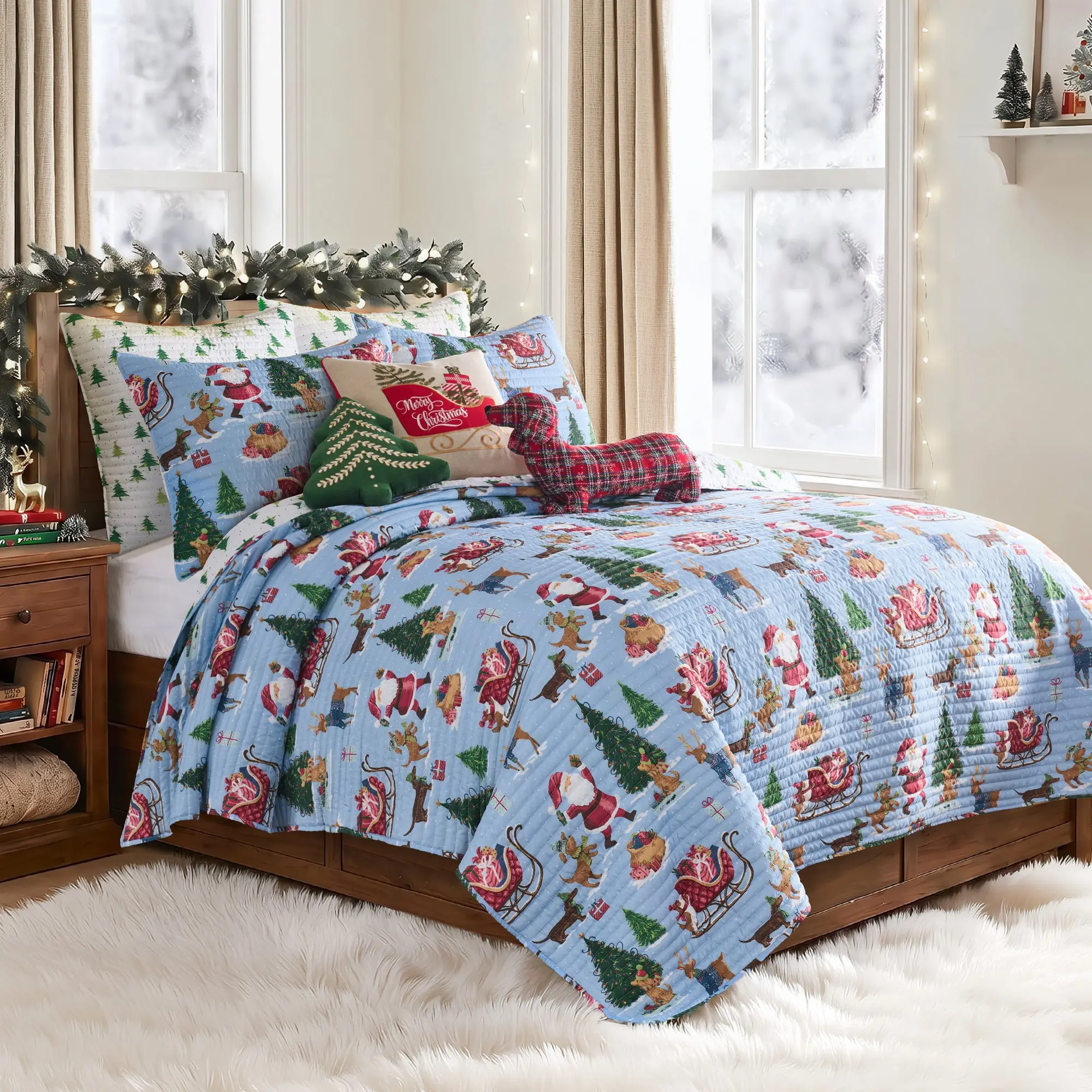 Santa's Gift Quilt Set, Christmas Magic Festive Scene Bedding, Lightweight Warmth Multi-Size Option, Polyester Fill Bedding Set for Holiday Decor