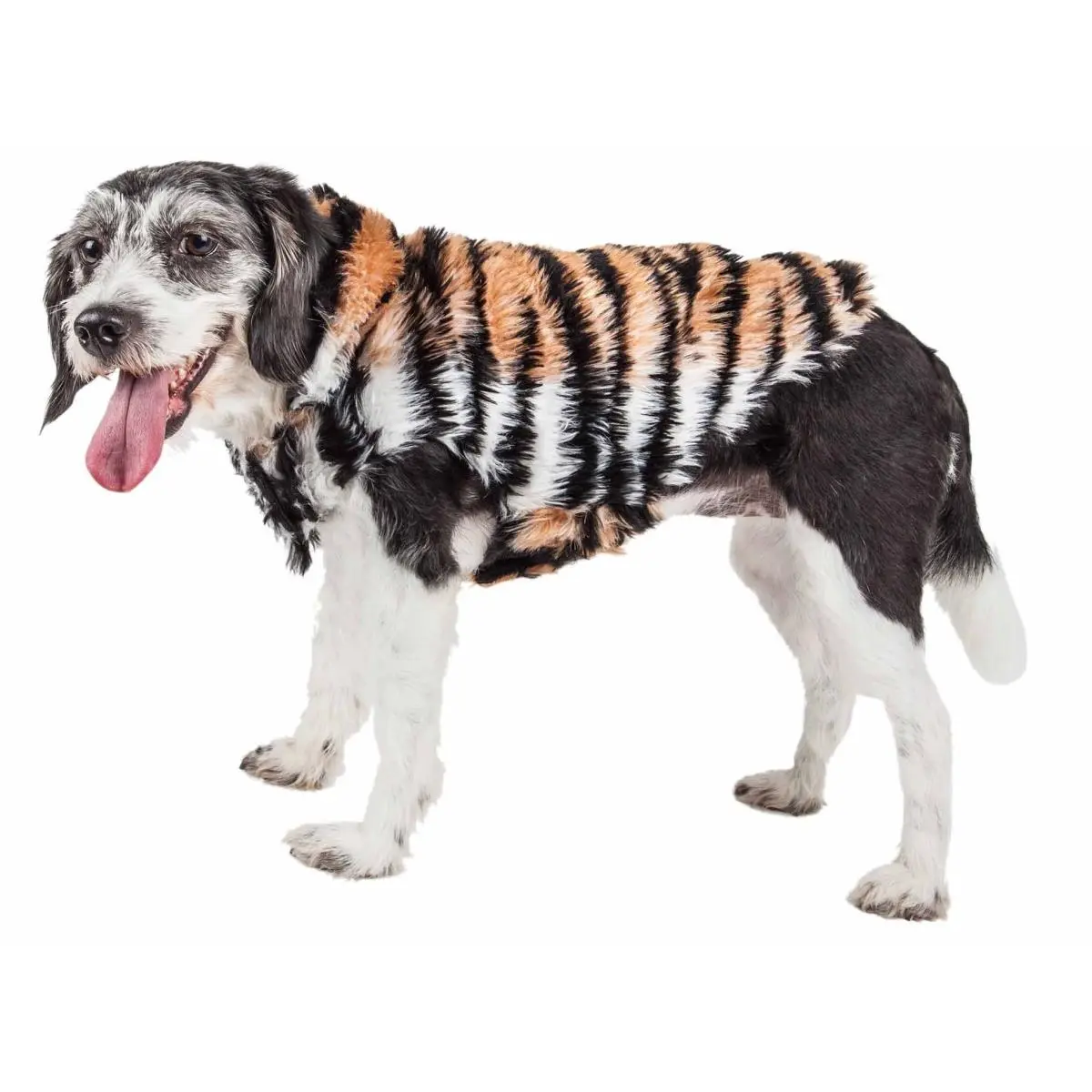 212 MAIN Luxurious Tiger-Print Designer Faux-Fur Dog Coat Jacket, Golden Brown/Black & White, Medium (Neck Size:15", Chest Size:24.4"), Stylish Warm Clothes, Convenient On-Off Access, Hook-and-Eye Belly Enclosure, Leash Slit