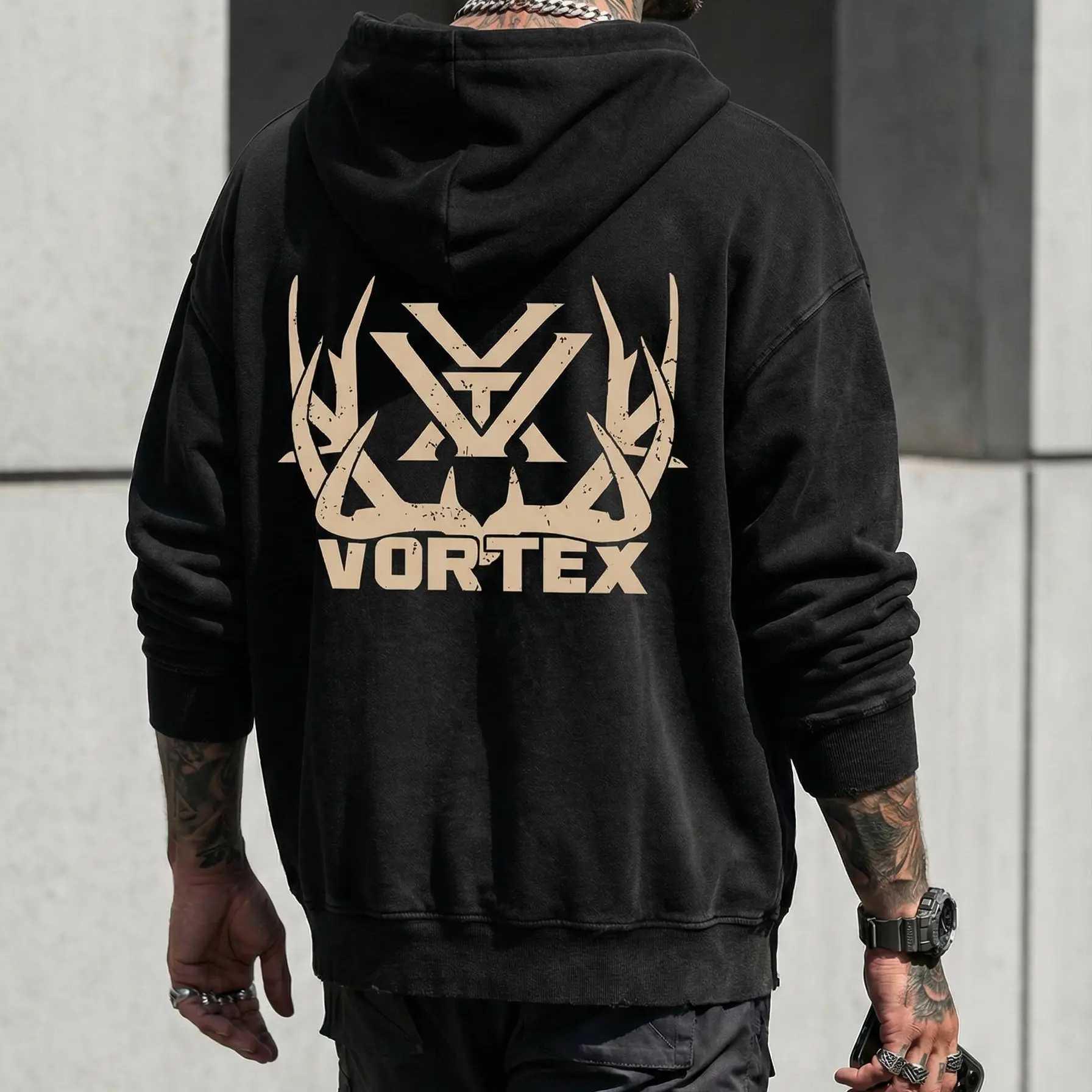 Men's Hunting Hoodie Tops - Bold Vortex Logo with Antler Design, Durable Fabric, Mensfashion Outdoor Archery Apparel