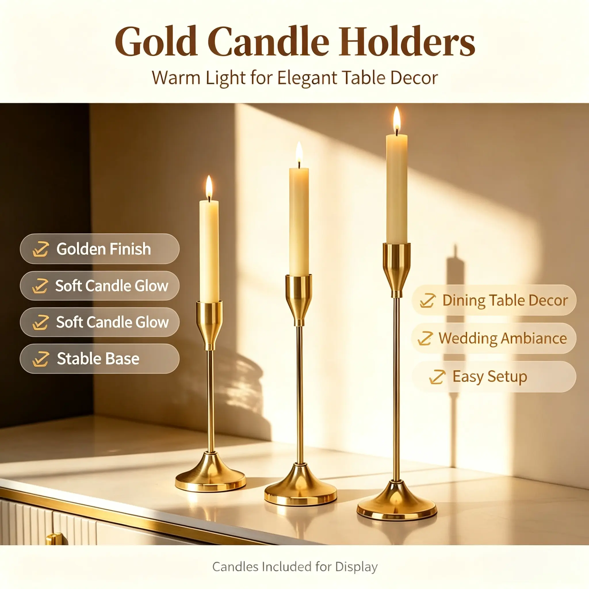 3Pcs Gold Aluminium Detachable Candlestick Holders - Glam European Style, Art Deco Aesthetic, Flexible Design for Home Dining Decor, Valentine's Day Ceremony
