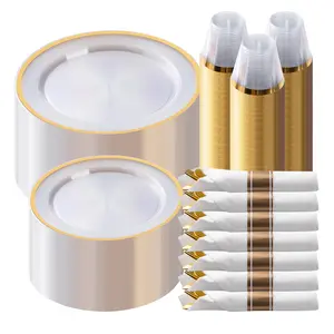 Goodluck 350PCS Gold Disposable Plates Set with Elegant Dinner Dessert Plates Napkins & Gold Cutlery Perfect for Weddings Christmas Birthday Parties & Baby Showers Safe BPA-Free Plastic Sturdy Durable Tableware for Special Events