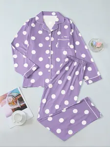 Women's Soft Polka Dot Print Pajama Set, Fall & Winter Casual Fitted Long Sleeve Sleepwear, Skin-Friendly Warm Home Clothes Two-Piece Suit