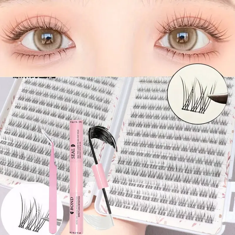 1 box of 384 eyelash books+double headed glue+special clip, single eyelash glue set, Eyelash Extension, slim cross eyelash fish tail design, soft and lightweight, very suitable for daily or commuting makeup, can be reused multiple times