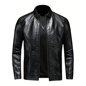 Retro Men's PU Leather Motorcycle Jacket with Stand Collar and Zipper Closure - Stylish and Durable Outerwear for Casual and Formal Occasions
