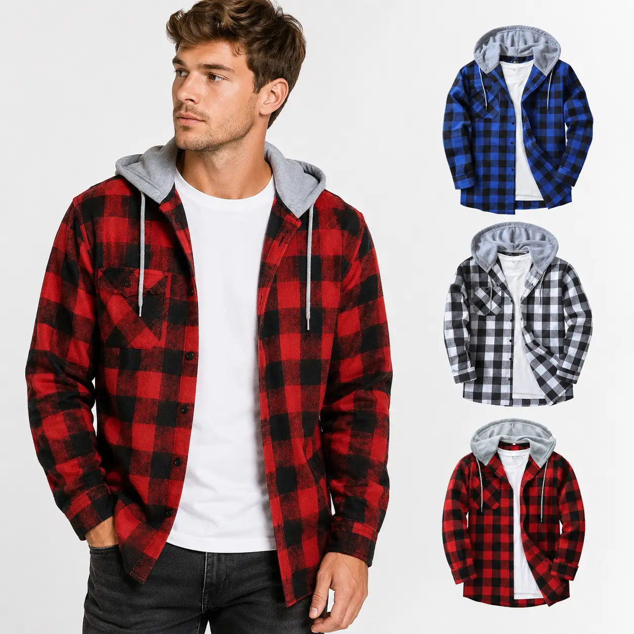 ZITY Menswear 3-Pack Brown Checked Long Sleeve Hoodie Shirts - Wetsuit-Soft Lightweight Fabric - California Style Casual Streetwear Tops - Value Set, Beige Crewneck Fleece, Gifts for Him