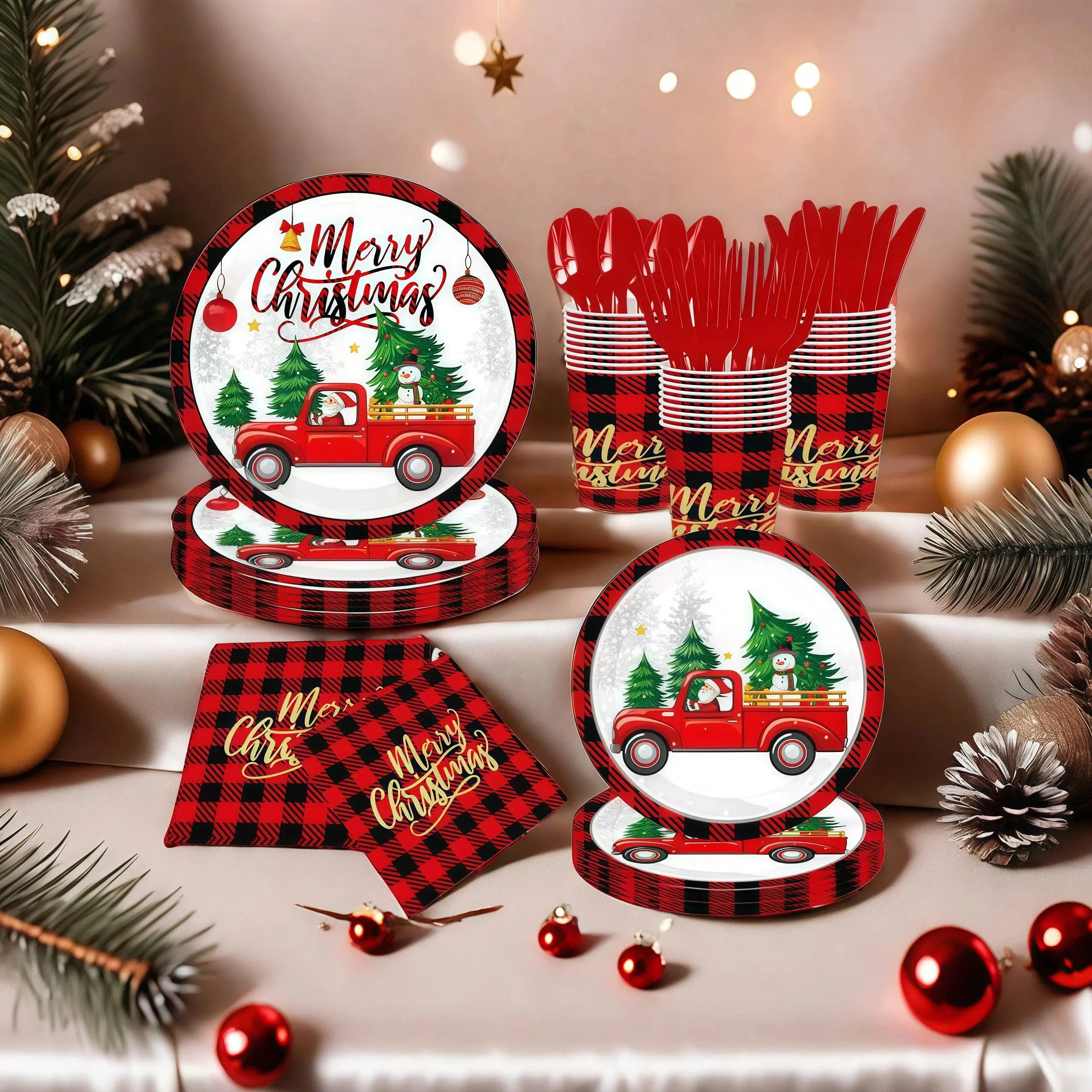 2026 New Round 7-Inch High-Quality Paper Christmas Disposable Tableware Set - Red Truck Print, Heat-Resistant Plates, Napkins & Cups, Festive Party Supplies for Family Gatherings