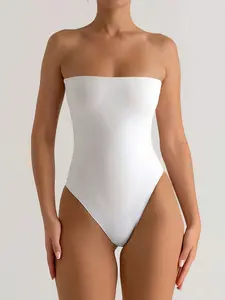 High Elasticity Slim Fit Women Crop Top Jumpsuit, Strapless Casual Basic Outerwear Inner Layer Two-In-One Romper Bodysuit, Minimalist Pure Color Comfortable Wear, Stretchy Bodysuit