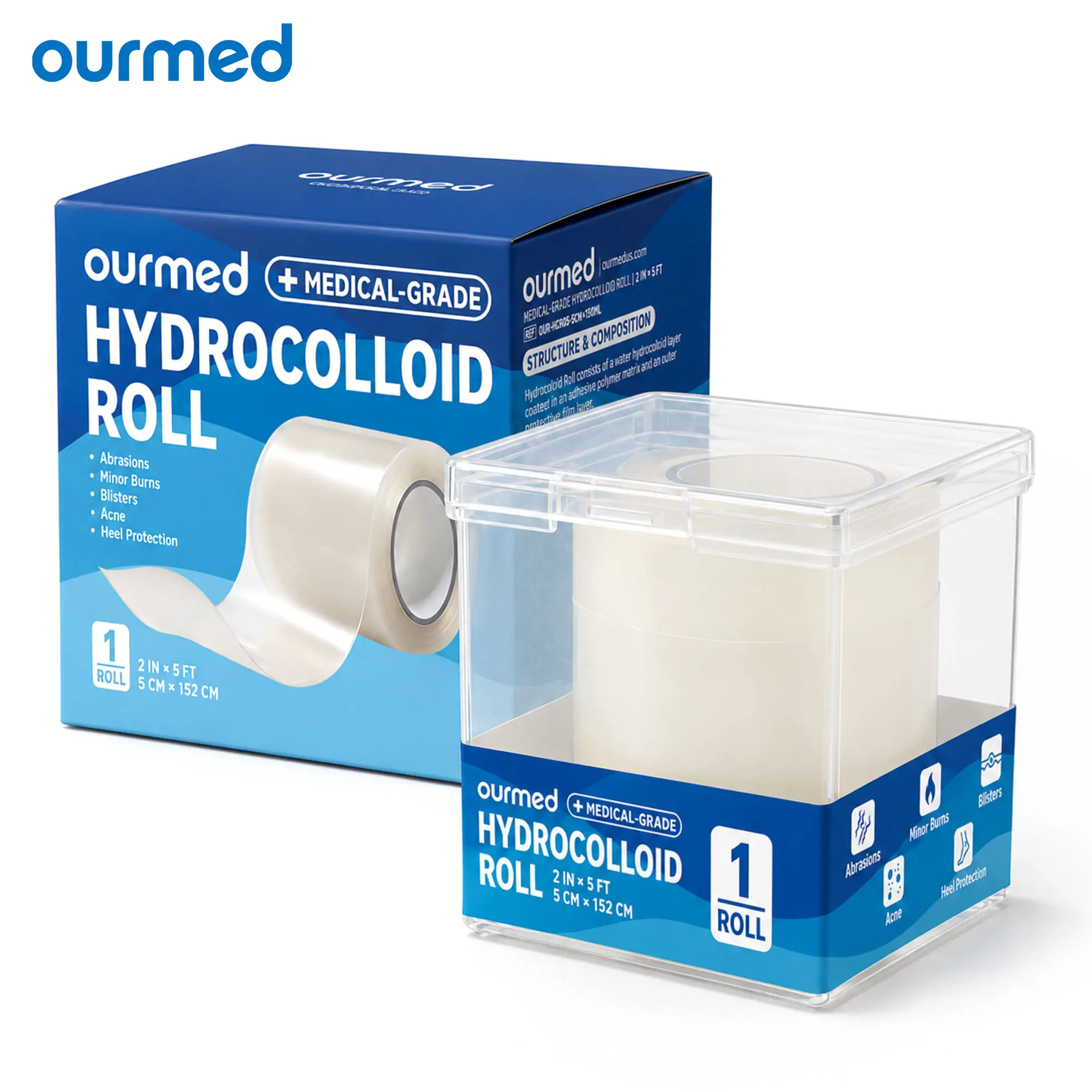 Ourmed Medical-Grade Hydrocolloid Roll with Box, Waterproof Hydrocolloid Bandages for Wound Care, Minor Burns and Blister, Pimple Patches for Acne Care, First Aid Supplies for Home & Outdoor, 2in*5ft