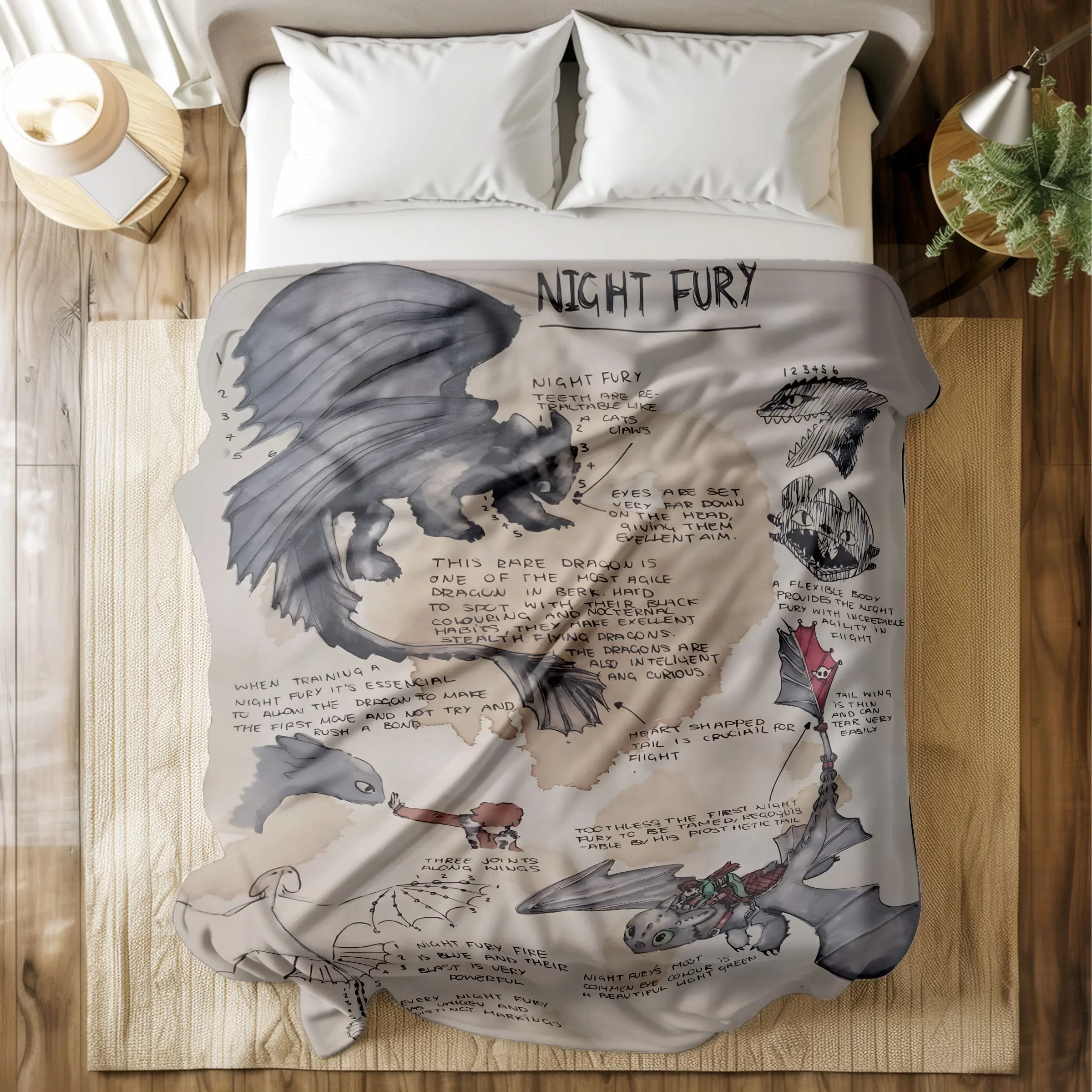 "Night Fury Field Guide" fleece blanket, Printed Flannel Blanket, Flannel fleece blanket with sketch-style infographic prints, Ultra-soft, machine washable, multiple sizes for bed, travel, Gift for How to Train Your Dragon fans