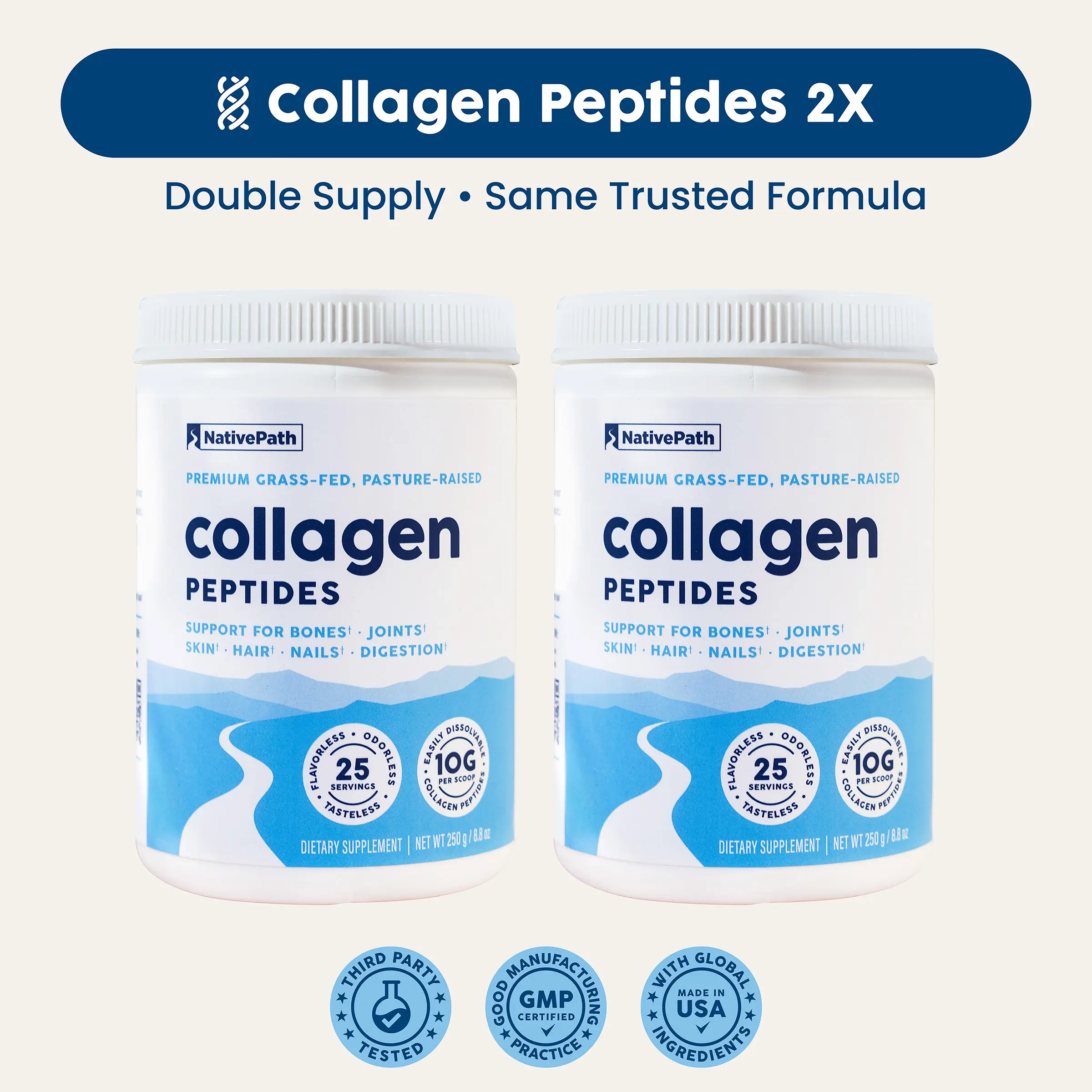NativePath Collagen Peptides 2-Pack Bundle - Grass-Fed Bovine Collagen Powder - Joint, Bone & Skin Support - Unflavored & Easy to Mix - 60 Servings