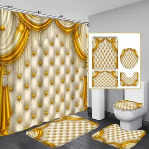 Luxury Bathroom Curtain Set, 1 Shower Curtain, 1 Toilet U-Shape Mat, 1 Rectangular Mat, 1 Toilet Lid Cover, Casual Style, Wall Mounted, Shower Curtain Sets