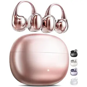 Clip on Earbuds Open Ear Wireless Bluetooth 5.4 Headphones with Mic,50H Play,Noise Cancelling,Waterproof,Sports Ear Buds,Comfortable for Small Ears & Glasses Wearers,Workouts (Pink)