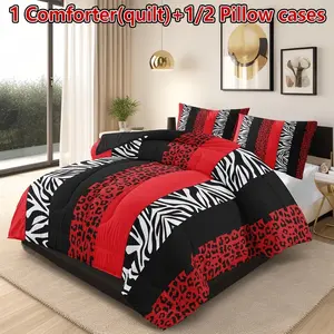 3-piece leopard and zebra quilt set (1 quilt + 2 pillowcases without pillow inserts), featuring U-shaped quilting. The quilt contains 200gsm filling, suitable for all seasons. It is breathable, comfortable, skin-friendly, soft, durable, and machine-wash