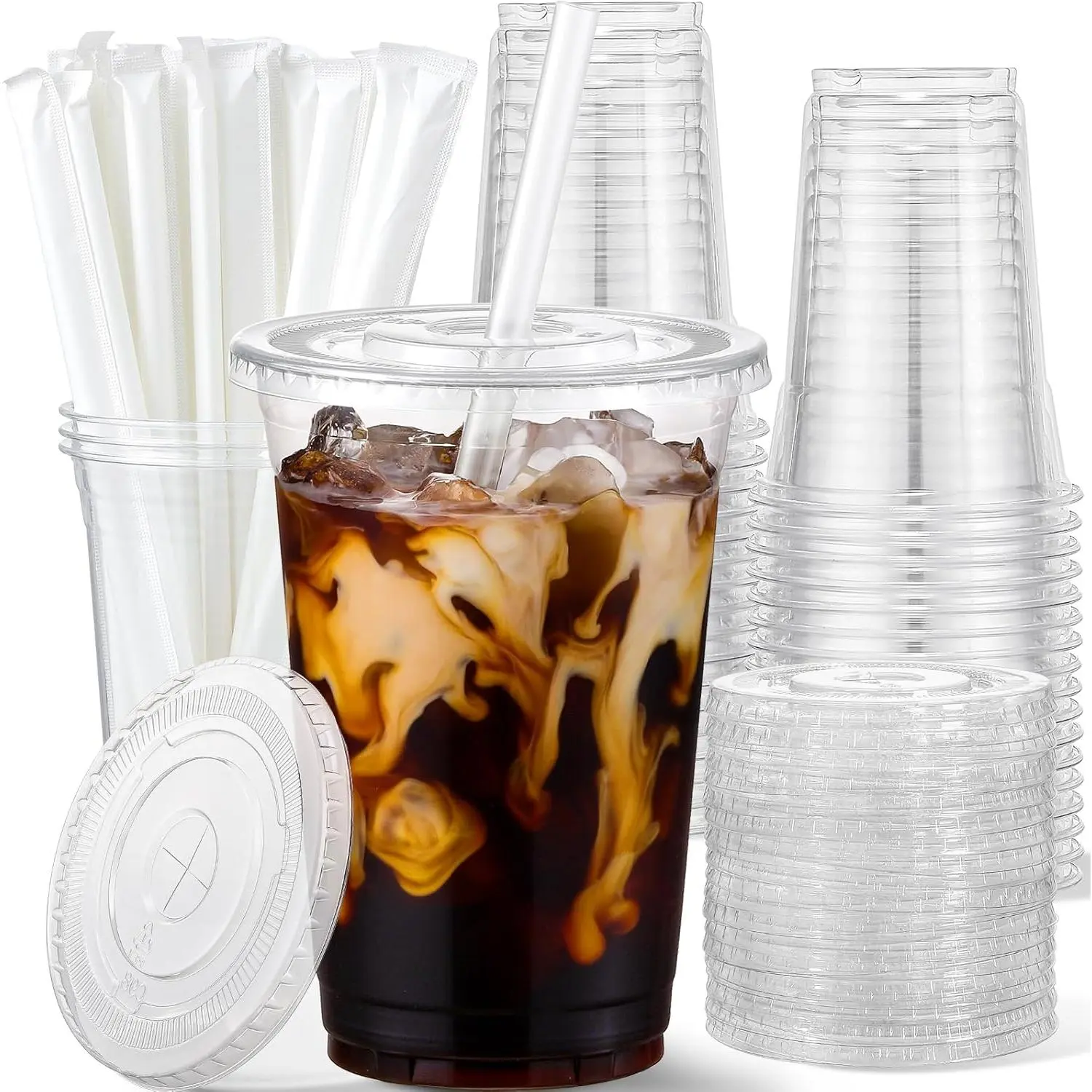 25 Pack - 16 oz Plastic Cups with Lids and Straws, Clear Iced Coffee Cups with Lids, Disposable Cups with Lids for Cold Drinks, Iced , Milkshakes, Smoothies - Durable &