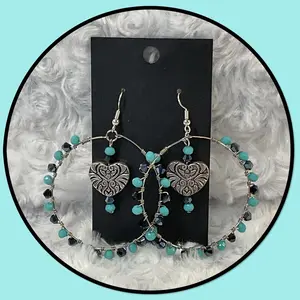Handmade Turquoise/black Wire Wrapped Hoop Earrings