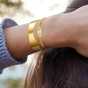 FindChic Wide Cuff Bracelet Golden Evil Eye Adjustable Chunky Open Bangles For Women Men Girlfriend Boyfriend
