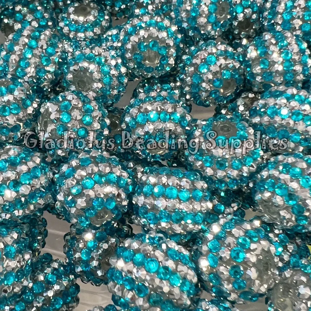 20mm Aqua/Silver Striped Acrylic Rhinestone Beads