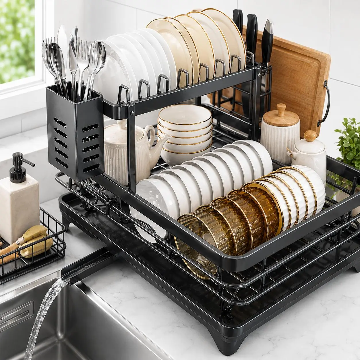 Expandable Over Sink Dish Drying Rack, storage ,2-Tier Carbon Steel Kitchen Organizer with Auto Drain, Large Capacity Dish Drainer space-saving  compact versatile