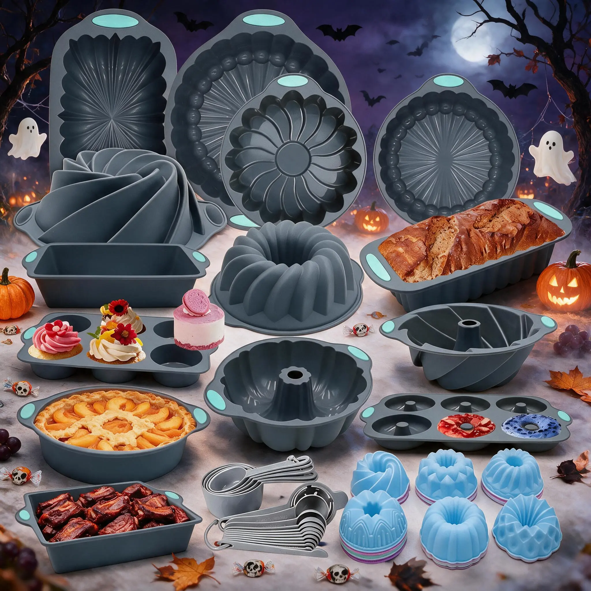 Halloween 56/46/10 Pieces Silicone Cake Mold Set, Versatile Air Fryer Liners Baking Cups for Cakes, Mousse, Muffins, Jelly, Heat‑Resistant Oven, Refrigerator & Air Fryer Safe, Perfect for Single‑Serving Portions, French Fries,  Halloween Party Snacks