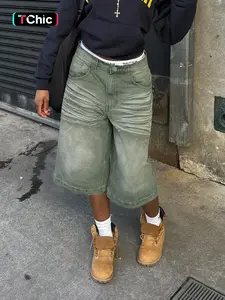 Olive Green Washed Baggy Denim Jorts, High Rise Oversized Wide Leg 3/4 Shorts, Trendy 90s Retro Hip Hop Bottoms for Street Style & Daily Wear, Casual Fit Shorts