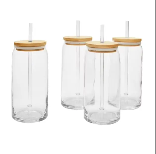 Set of 4 Glass Can Cups with Bamboo Lids & Reusable Straws – Aesthetic Drinkware Set