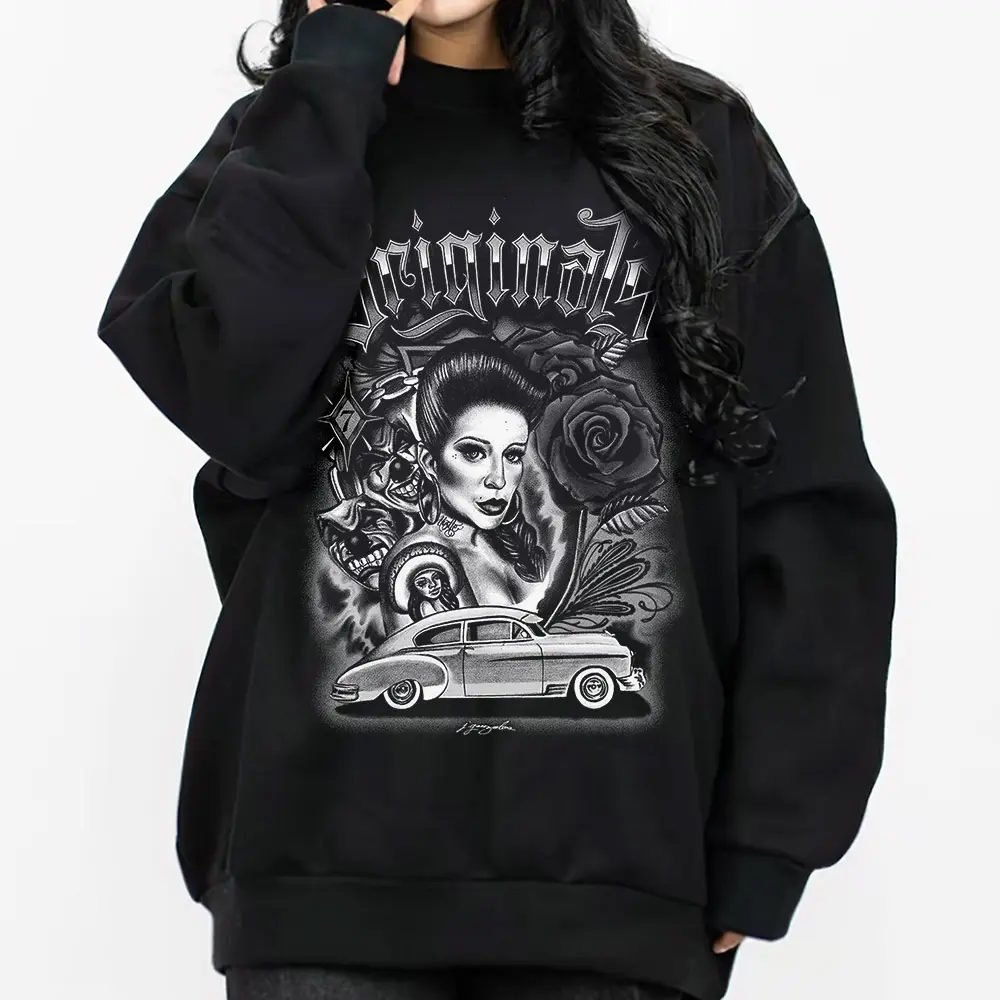 Original art Chicano Clothing, Chicana Art, Cholo Chola outfit Cotton Fabric Menswear Casual, Streetwear hoodie, Full size, full color art blue