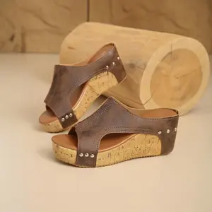 Women Platform Wedge Sandals Cork Heel Comfortable Slip On Slides Open Toe Summer Beach Casual Dressy Occasion Footwear